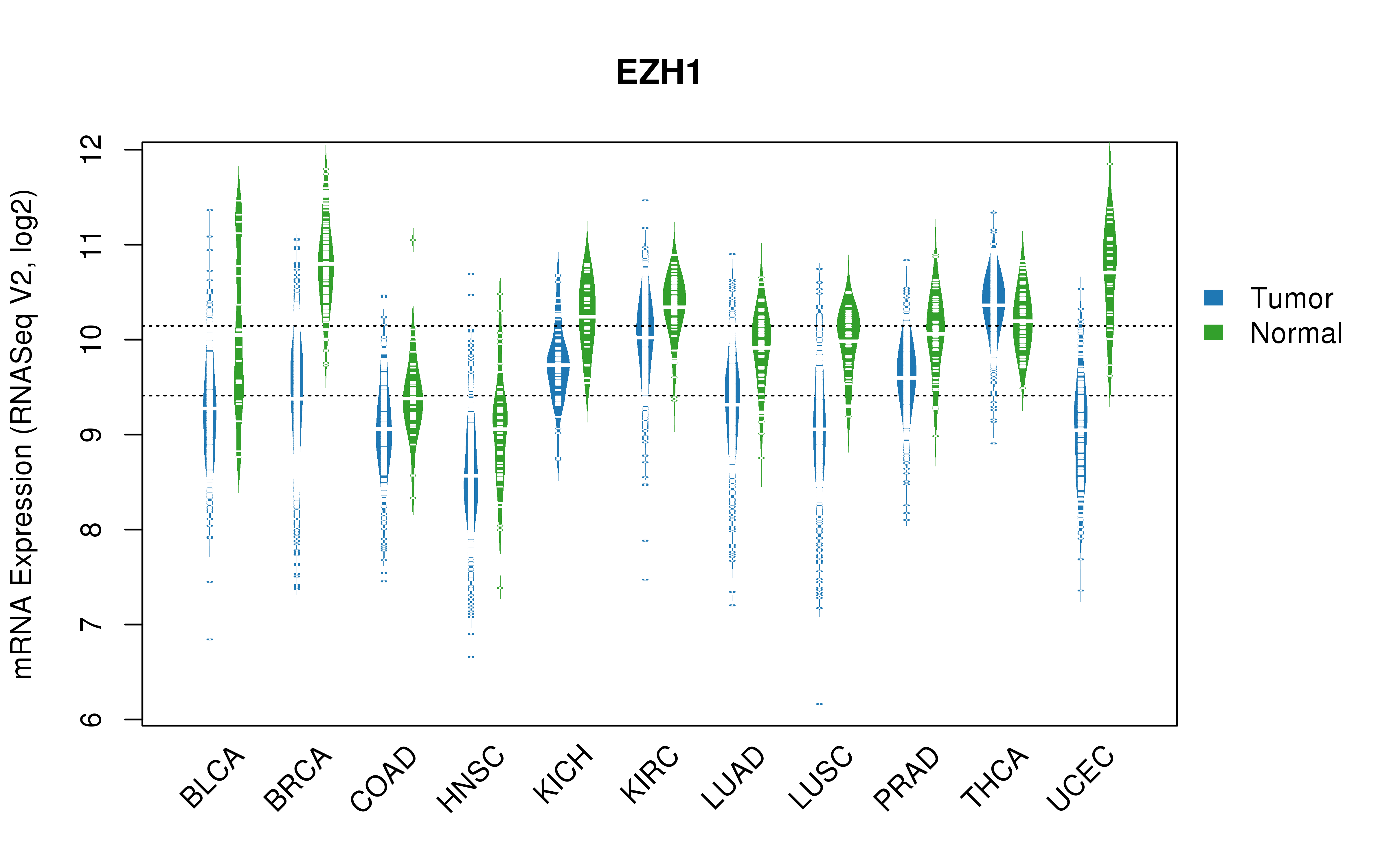 TCGA pan-cancer gene expression summary; We extracted RNASeqV2 normalized gene expression data from TCGA using the R package TCGA-Assembler. All public data files on TCGA DCC data server were gathered on Jan-05-2015.