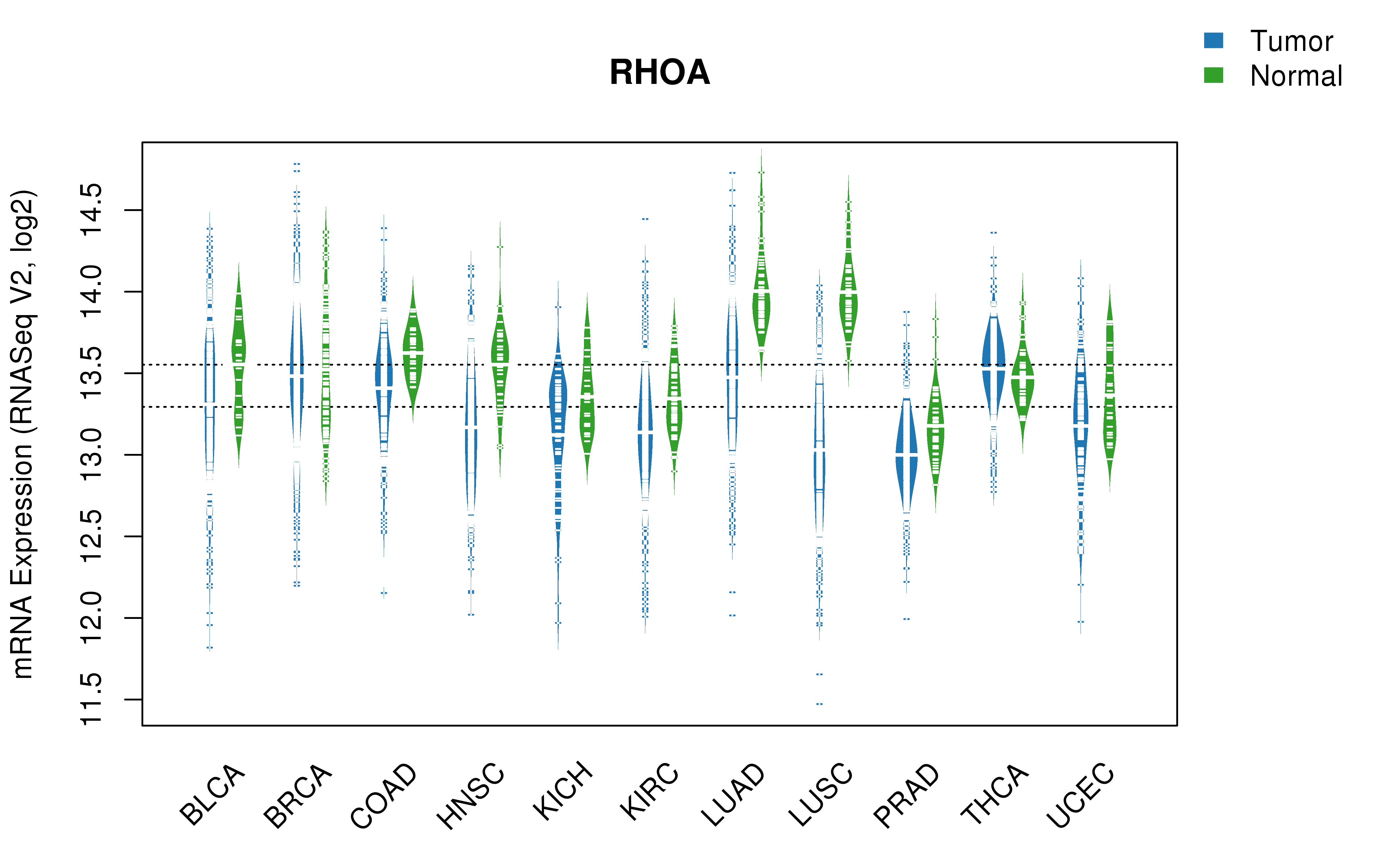 TCGA pan-cancer gene expression summary; We extracted RNASeqV2 normalized gene expression data from TCGA using the R package TCGA-Assembler. All public data files on TCGA DCC data server were gathered on Jan-05-2015.