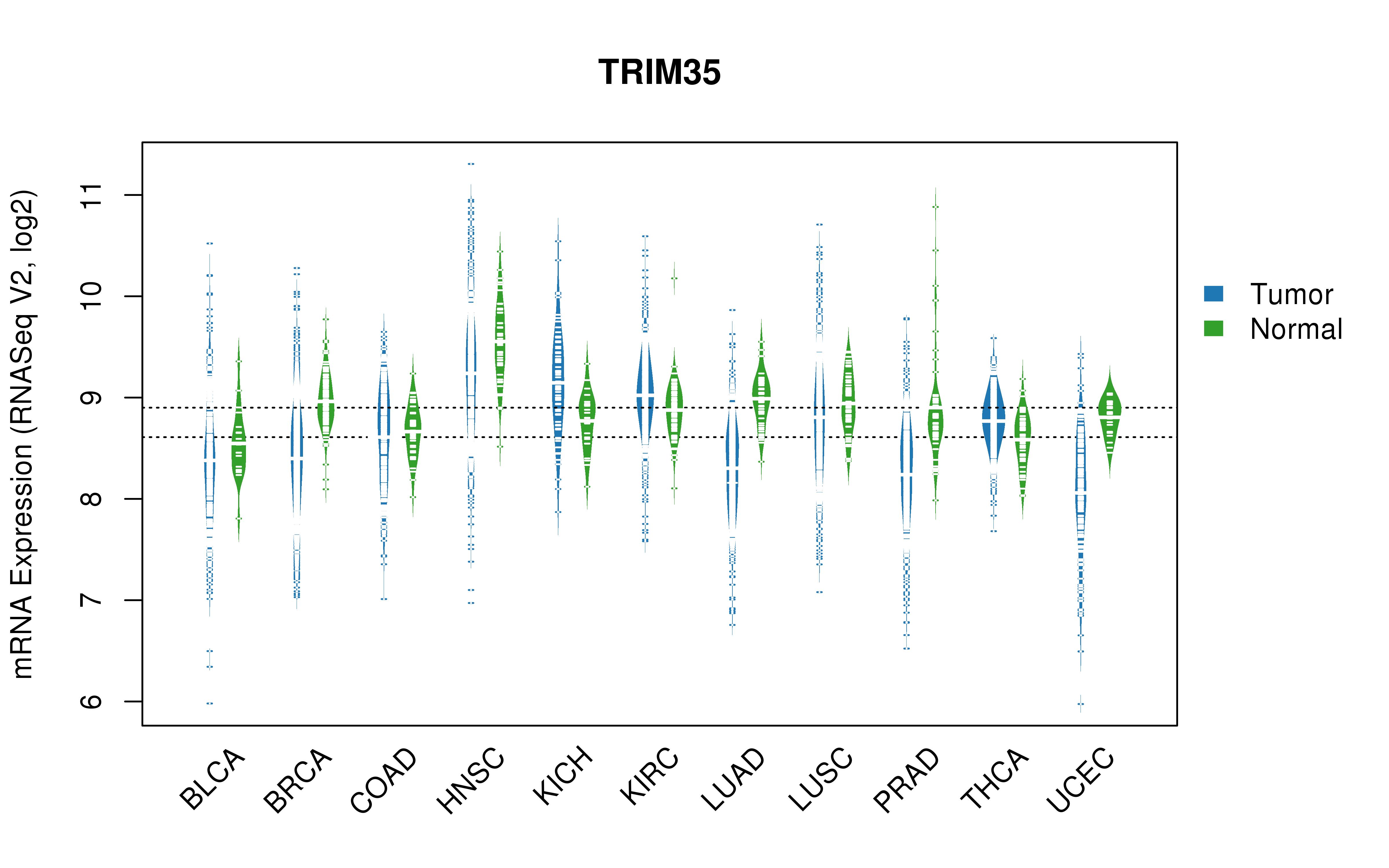 TCGA pan-cancer gene expression summary; We extracted RNASeqV2 normalized gene expression data from TCGA using the R package TCGA-Assembler. All public data files on TCGA DCC data server were gathered on Jan-05-2015.